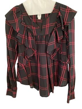 GAP Cascade Ruffle Black Red Plaid Shirt Size M Boho Romantic Holiday
